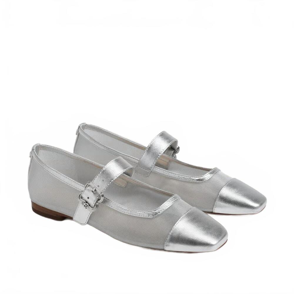 NEW SAM EDELMAN women's miranda mary jane flat in silver mesh